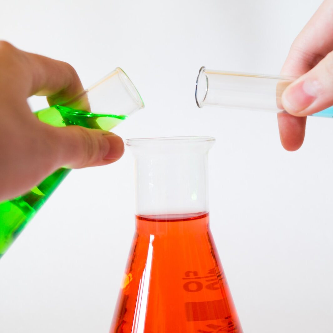 person holding laboratory flasks